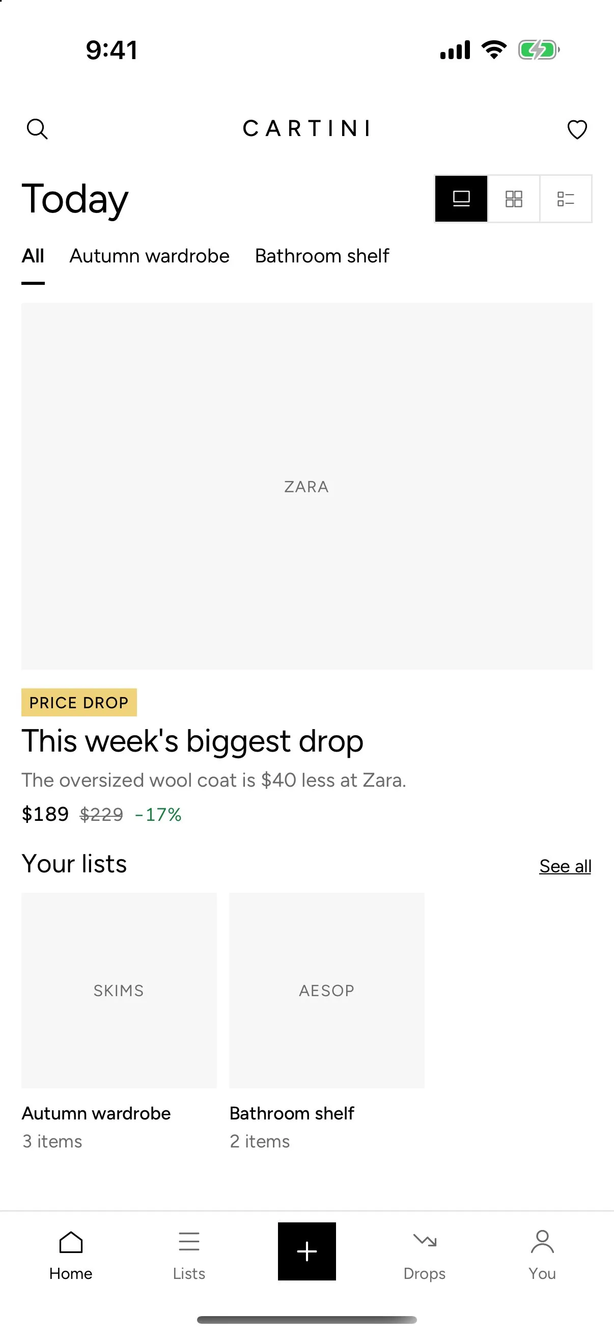 Cartini home: this week's biggest drop and your lists