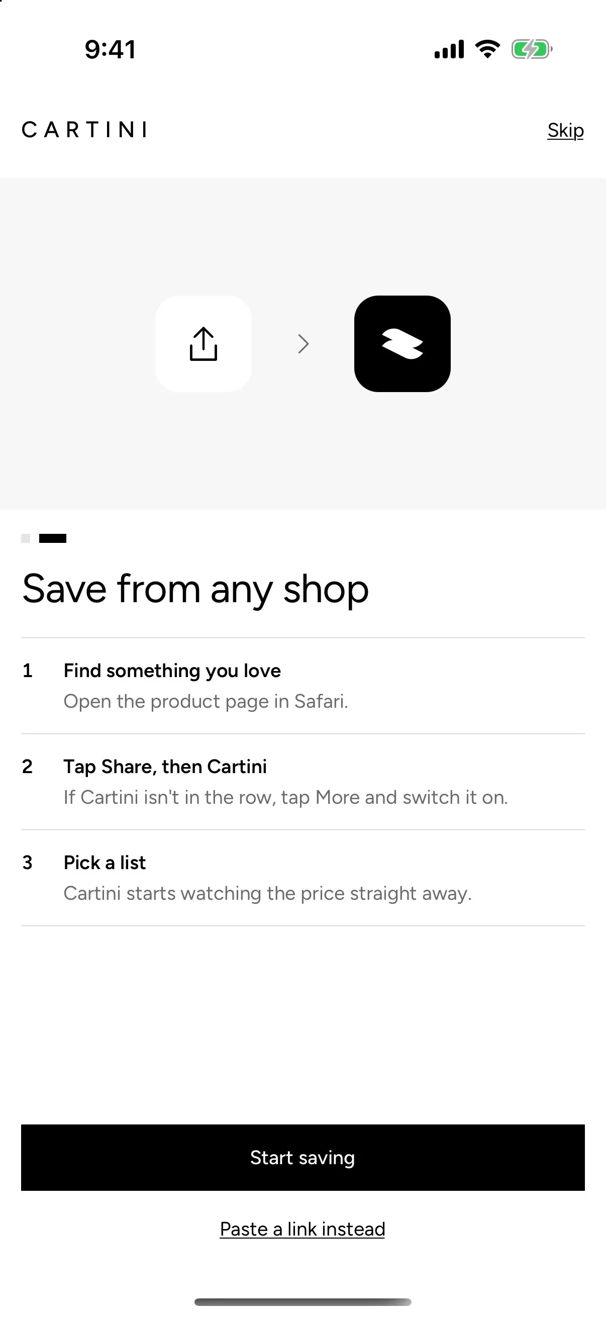 Cartini onboarding: three steps to save from Safari