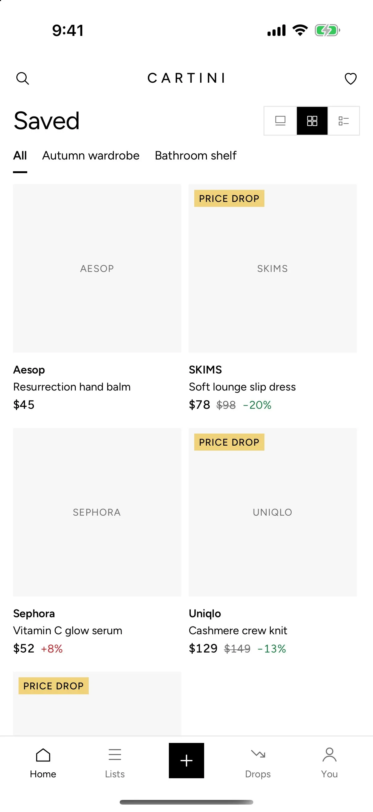 Cartini Saved grid with price drop tags and price changes on each item