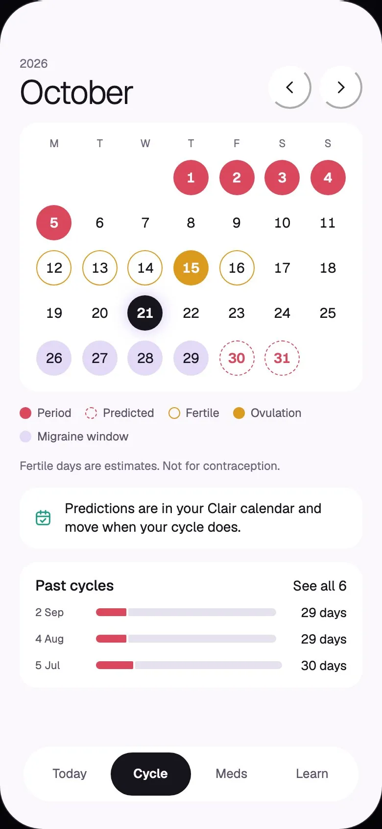Clair Cycle month view for October with period, fertile, ovulation and migraine window days