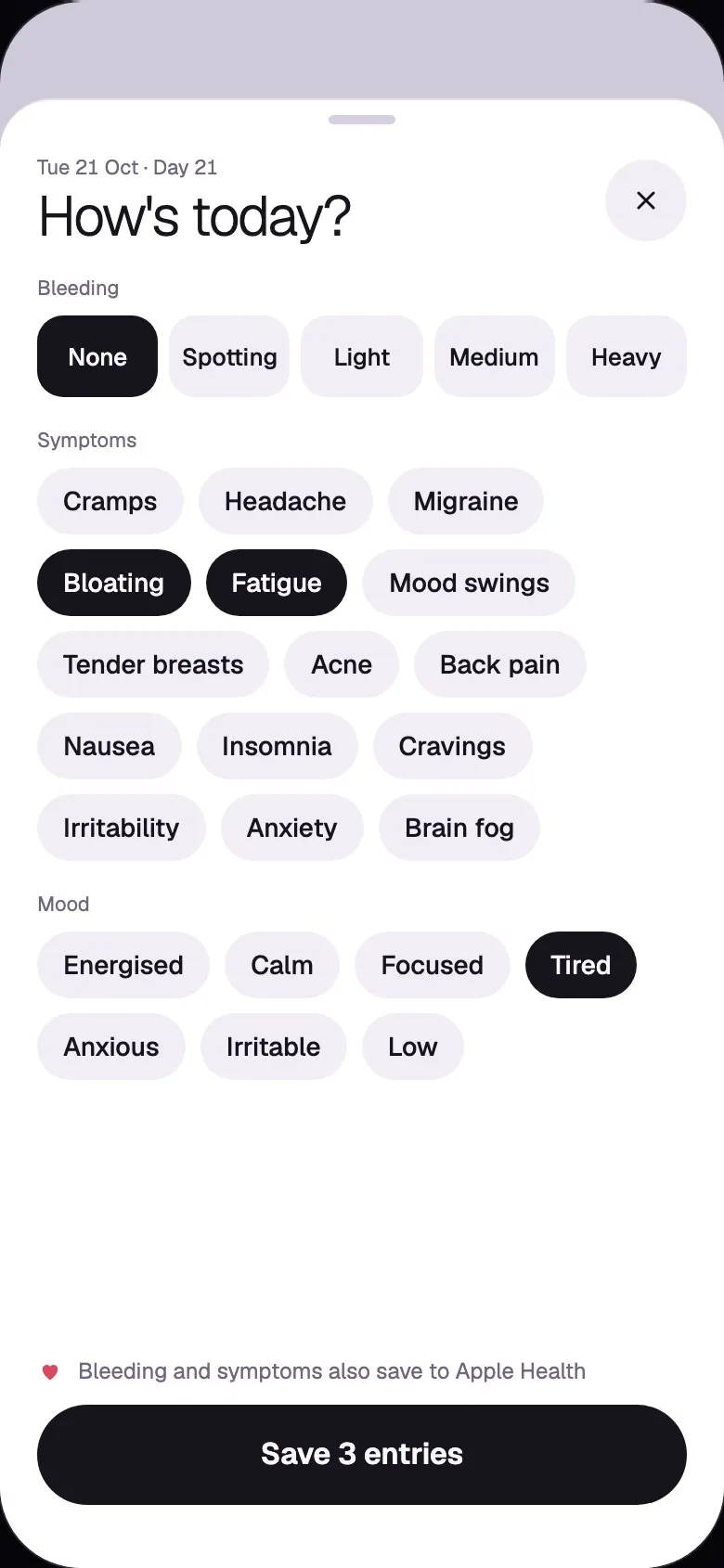 Clair's How's today? sheet for logging bleeding, symptoms and mood