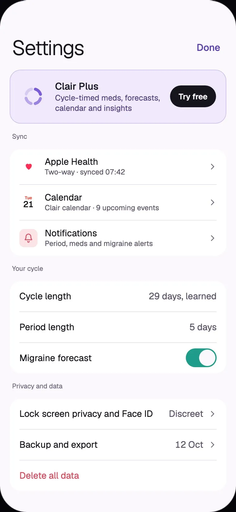 Clair Settings with Clair Plus, Apple Health and calendar sync, and privacy options