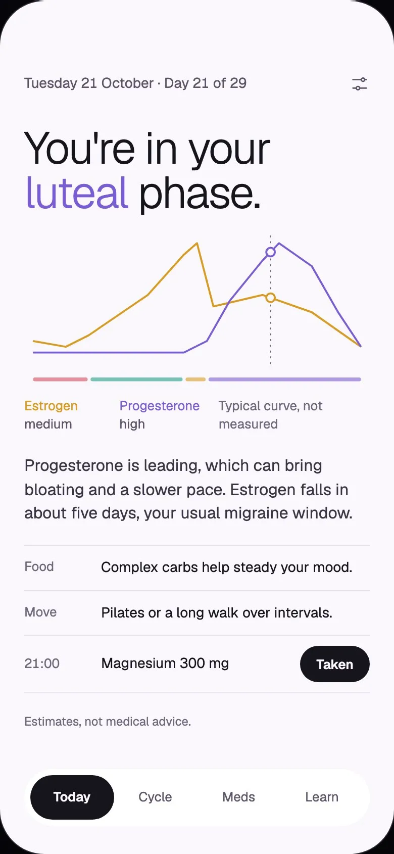 Clair Today, curve layout: You're in your luteal phase, with estrogen and progesterone curves