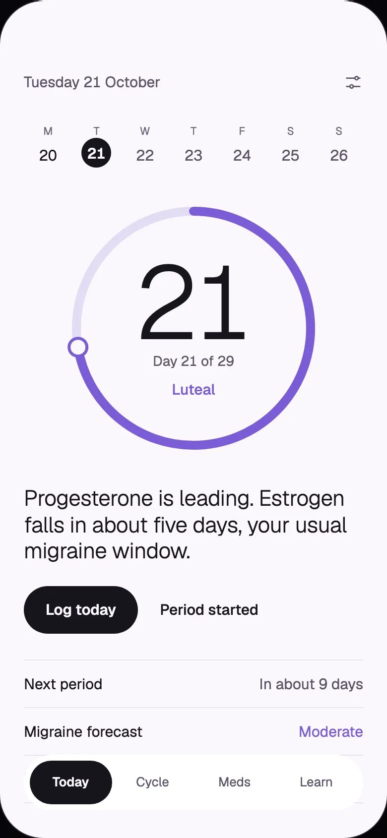 Clair Today, ring layout: day 21 of 29 in the luteal phase, with the migraine forecast