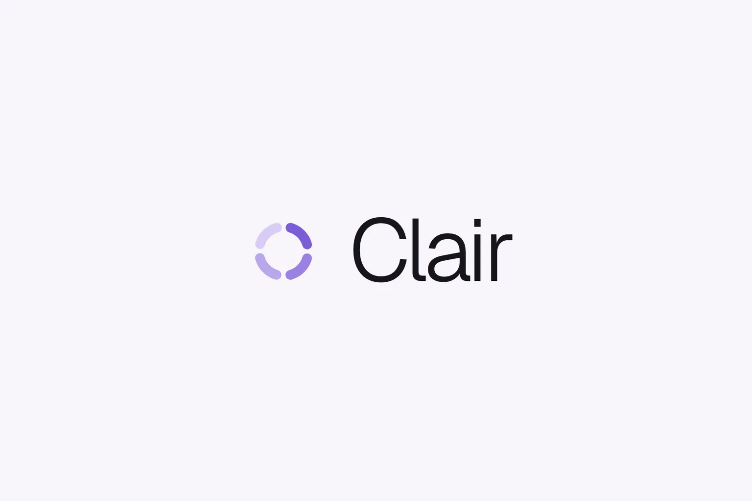 The Clair logo lockup: the Quarters ring beside Clair in Geist Light, on a pale lavender ground