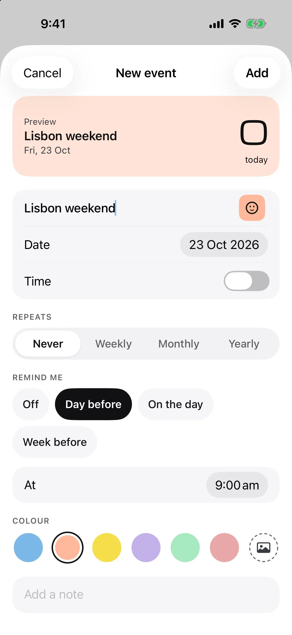 The Dayzie editor sheet with a live preview, date, repeat, reminder and colour options