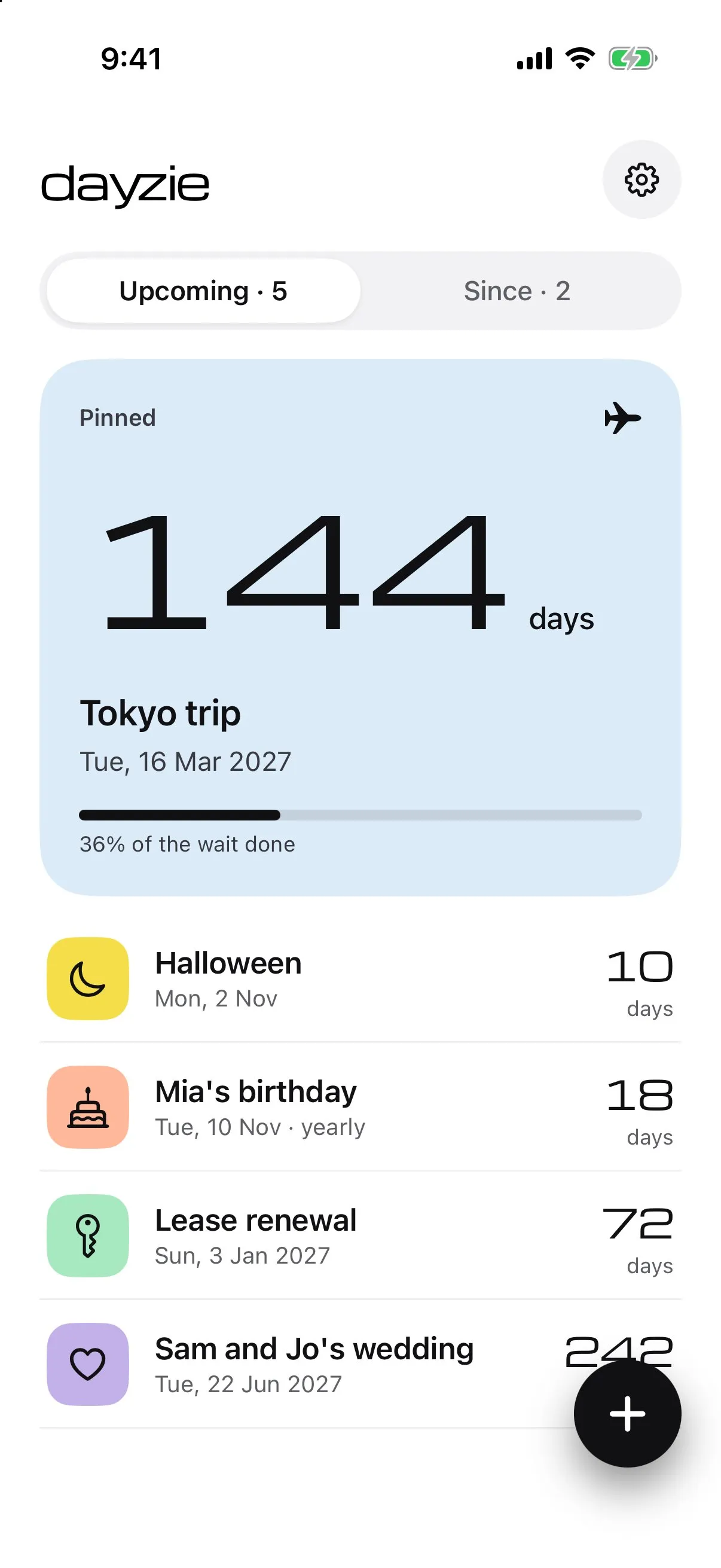 Dayzie home with a pinned Tokyo trip card at 144 days and a list of upcoming events