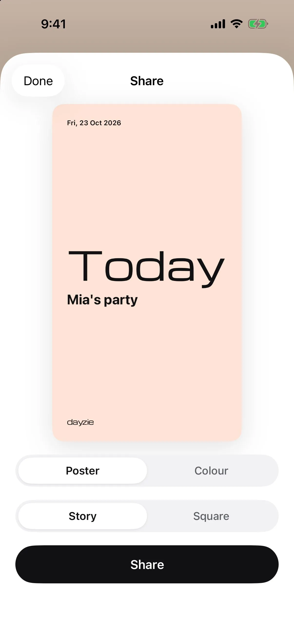 A Poster share card for Mia's party, with story and square sizes