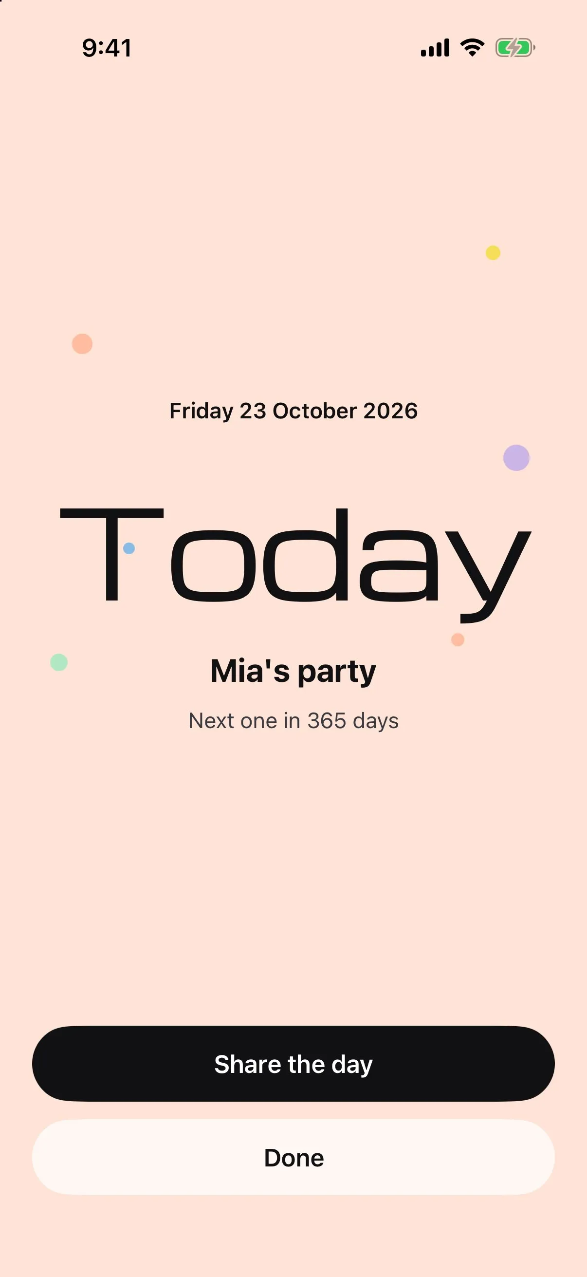 Dayzie event day screen: Today, Mia's party, on a peach background with drifting dots