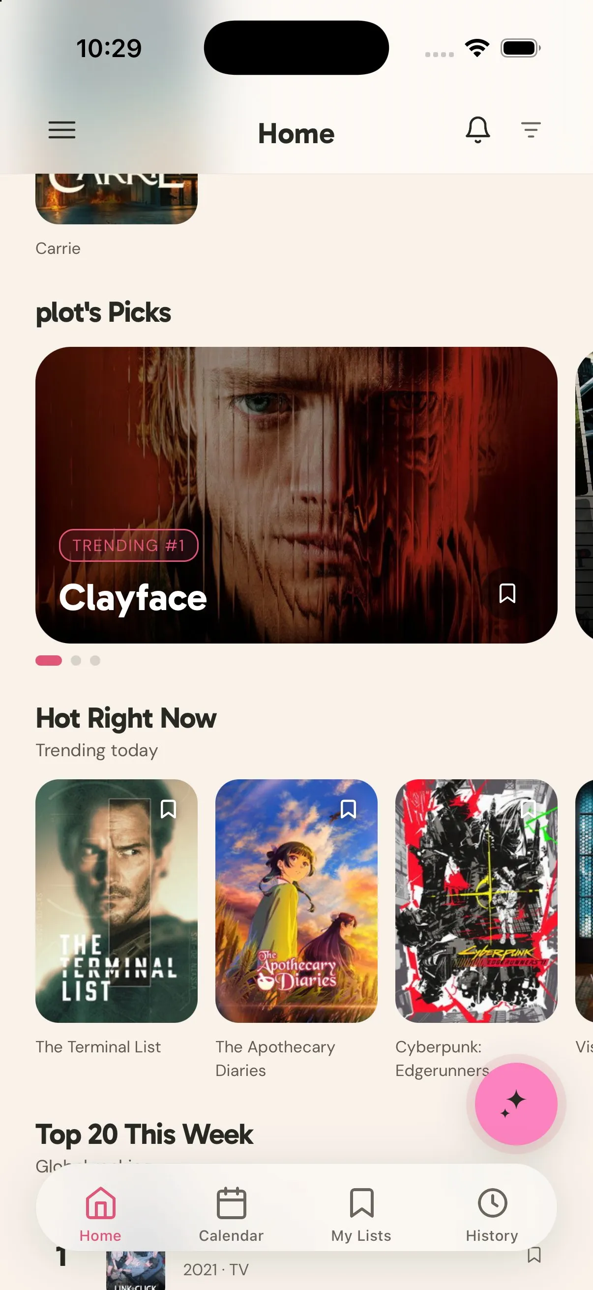 Plot iOS home scrolled to plot's Picks and Hot Right Now