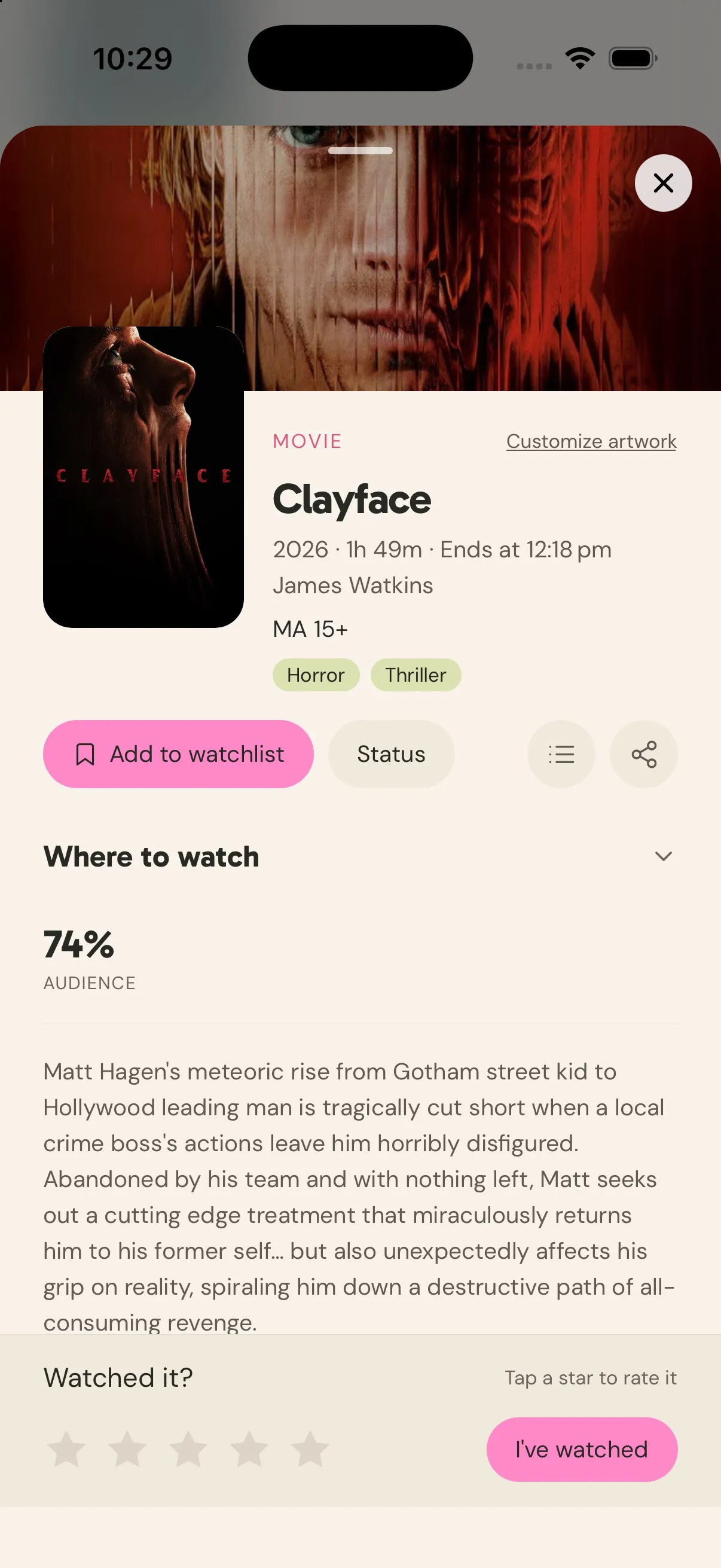 Plot iOS title page for Clayface with an Add to watchlist button
