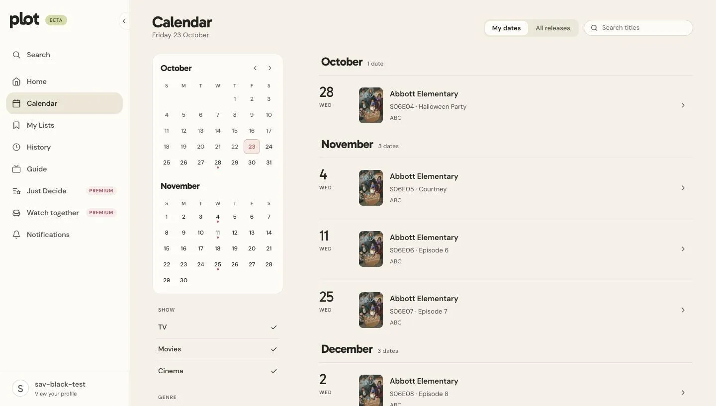 Release calendar listing upcoming episodes by date beside a two-month calendar