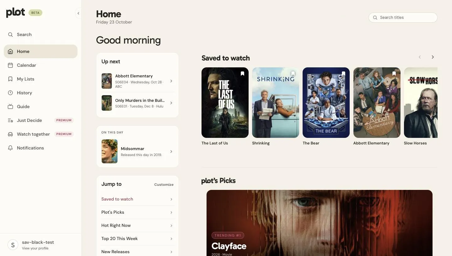 Plot web app home with Up next, On this day and a Saved to watch row