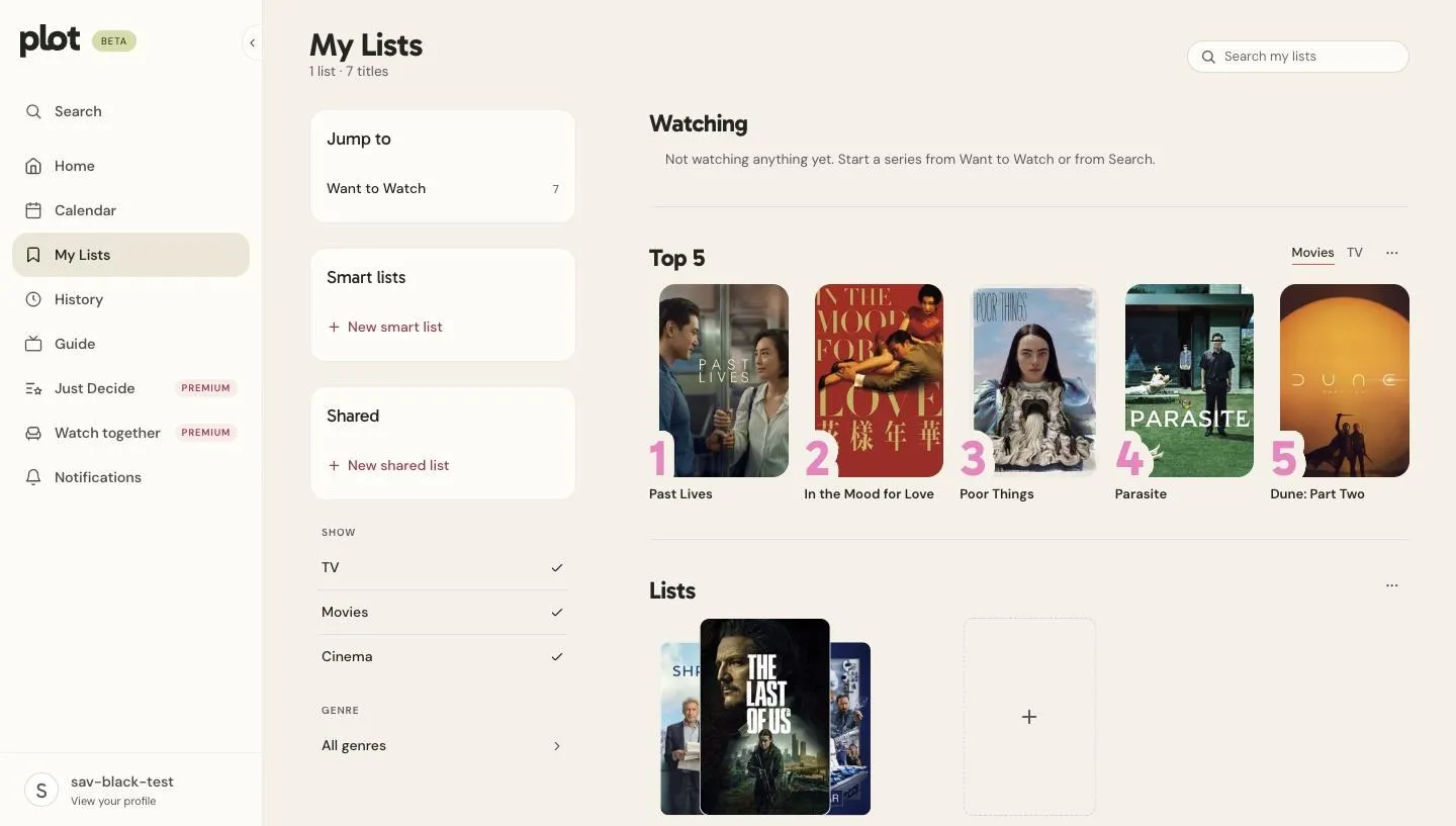 My Lists with a ranked Top 5 of films and a Want to Watch list
