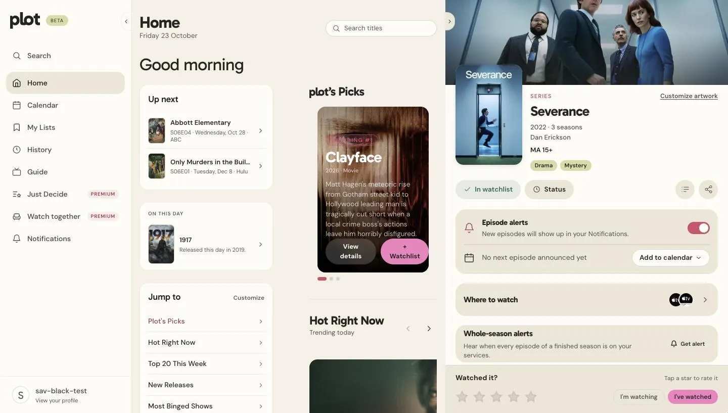 Severance title panel with watchlist status, episode alerts and where to watch